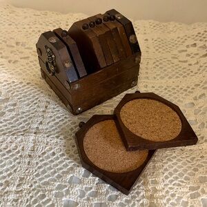 Vintage wood &  cork coaster set of 8 in a wooden chest like  holder
